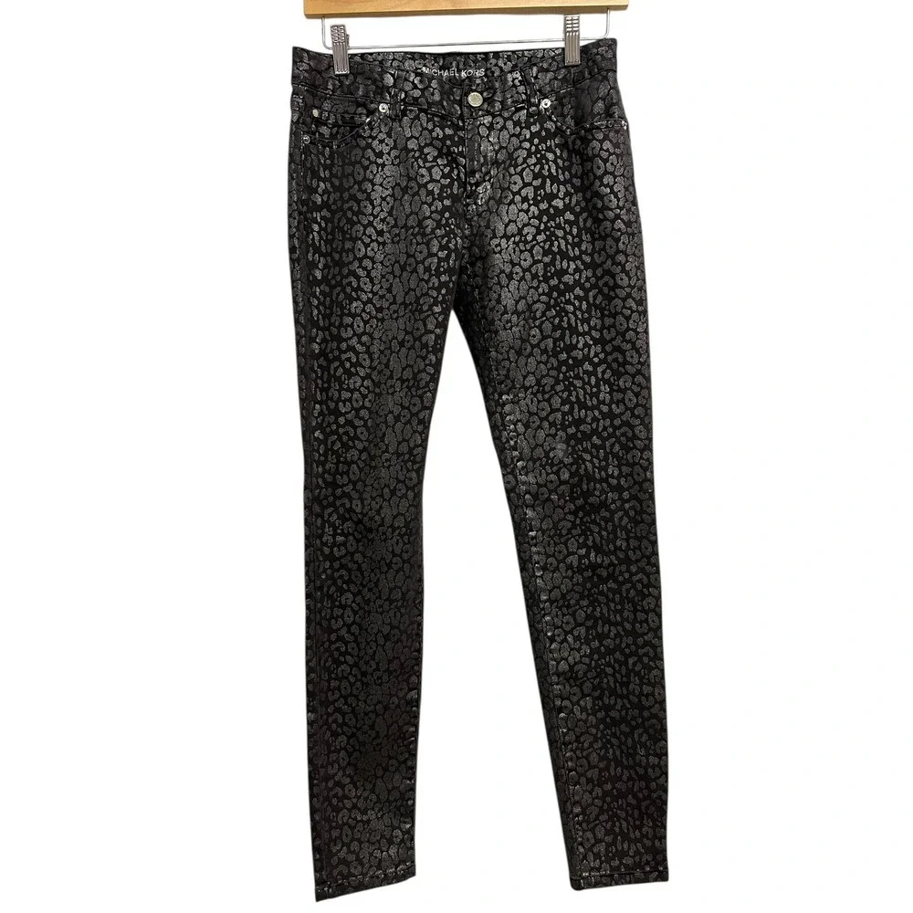 Michael Kors Jeans Womens 2‎ Black Skinny Metallic Leopard Animal Print Stretch